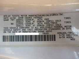 2003 TOYOTA TACOMA WHITE STD CAB 2.4L MT Z16400